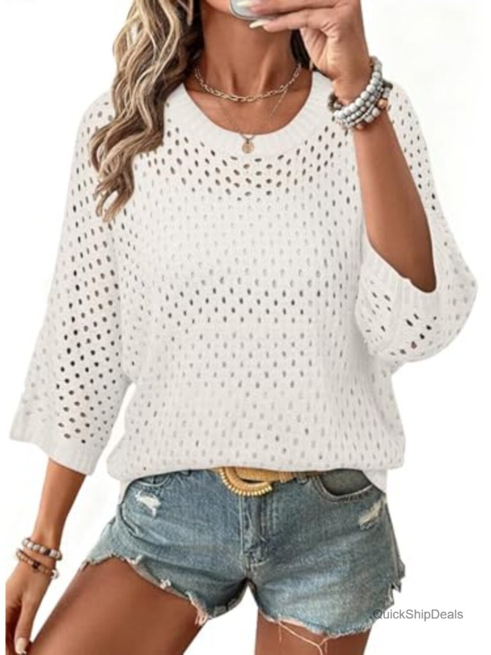 SHEWIN Womens 3/4 Sleeve Crochet Knit Sweater Pullover Beach Coverup